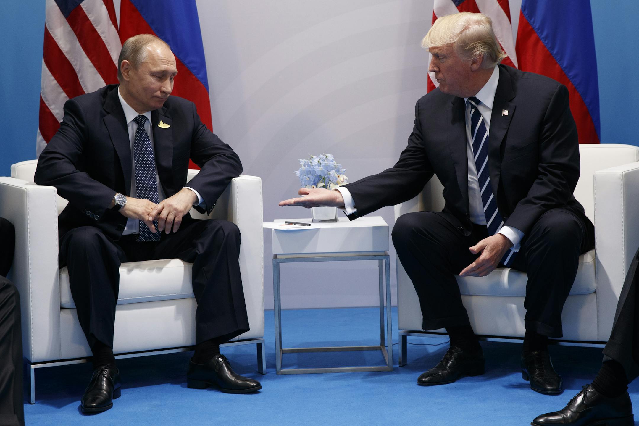 President Donald Trump meets with Russian President Vladimir Putin at the G20 Summit, Friday, July 7, 2017, in Hamburg. (AP Photo/Evan Vucci)