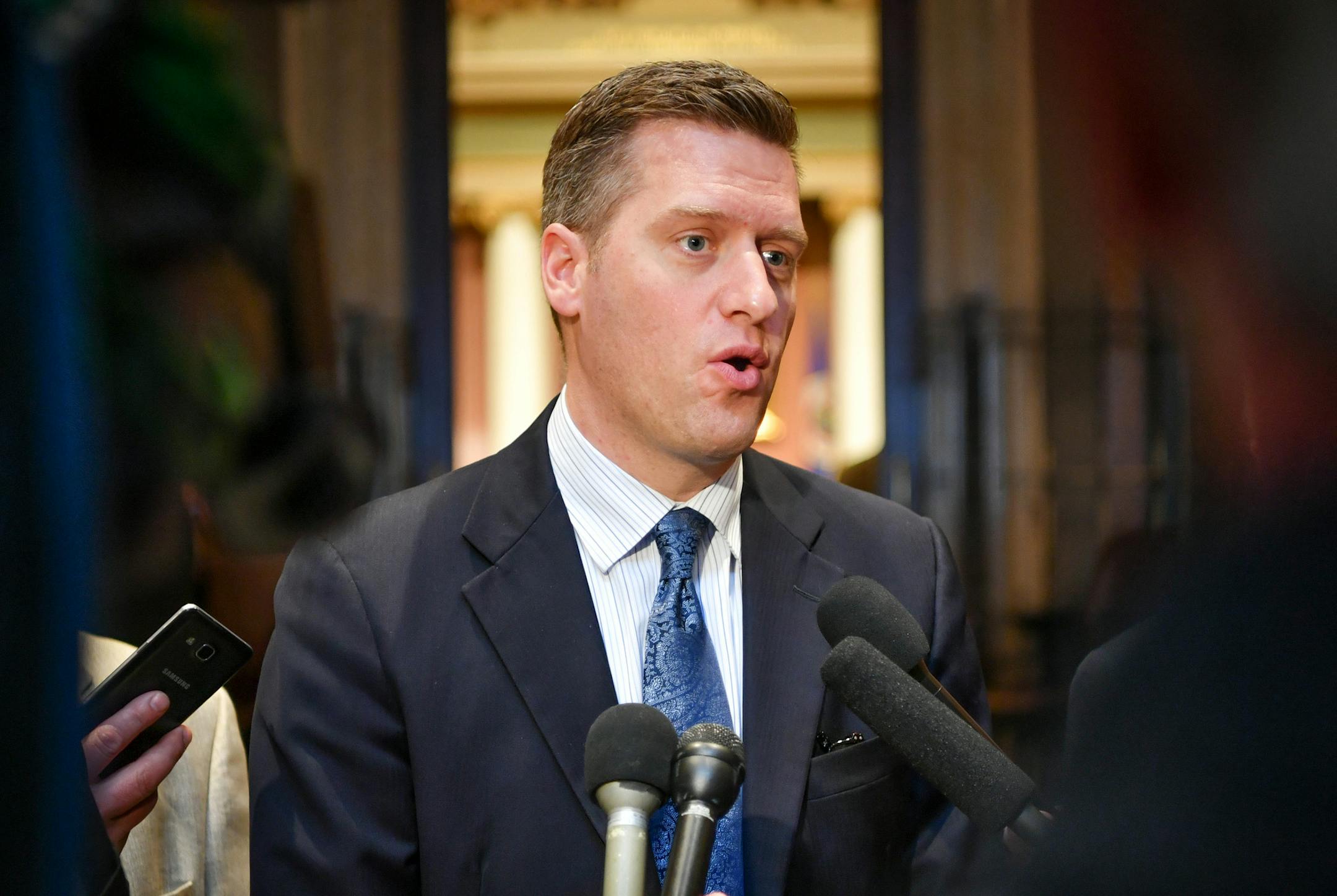 During an afternoon break, House Speaker Kurt Daudt spoke to reporters about the progress of budget bills in the legislature. ] GLEN STUBBE &#x2022; glen.stubbe@startribune.com Wednesday, May 10, 2017