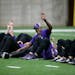 Minnesota Vikings quarterback Teddy Bridgewater led a drill during a player offseason workout at Winter Park, Tuesday, April 26, 2016 in Eden Prairie,