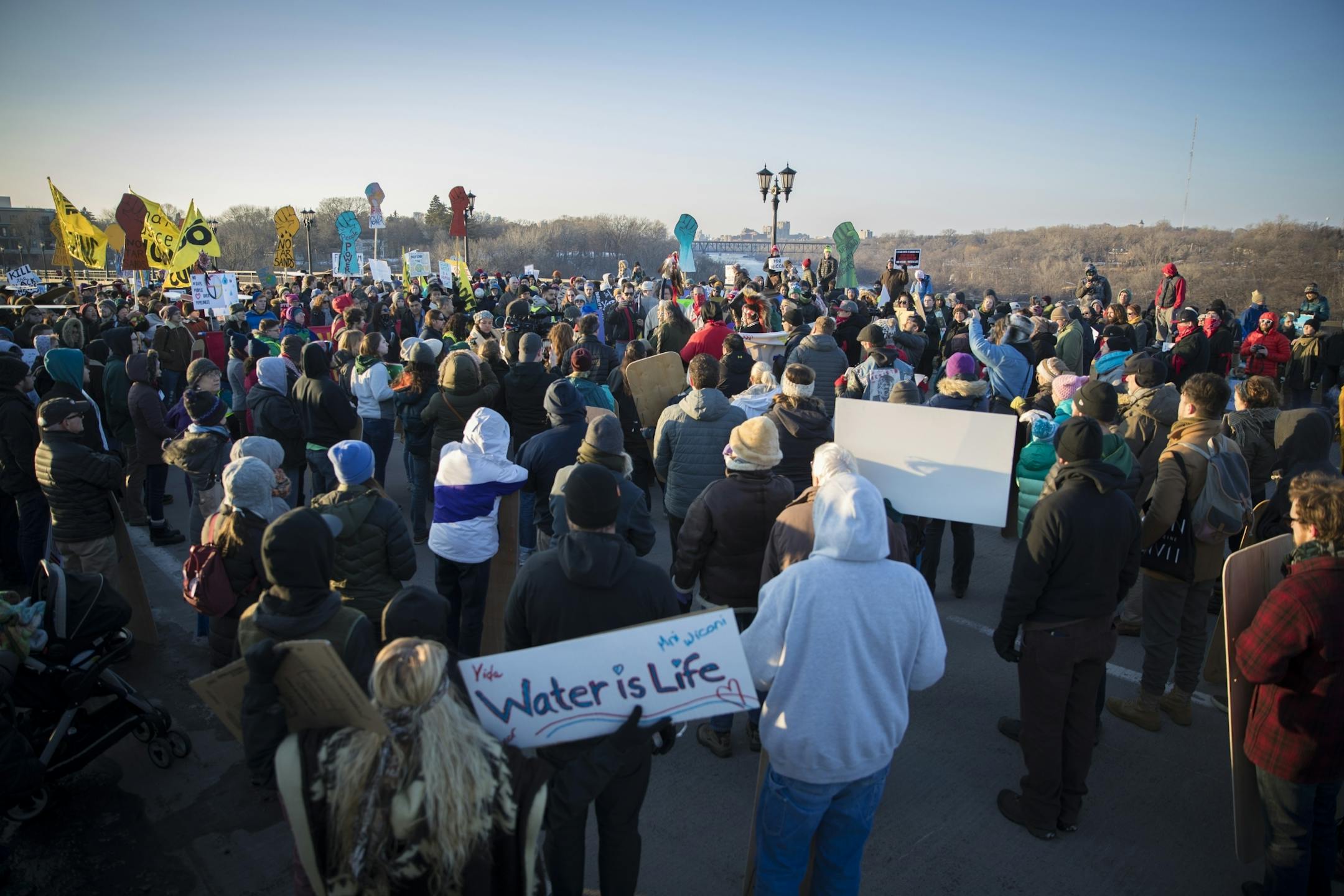 Close to 500 people gathered in the middle of the Marshall Avenue Bridge (Lake Street) to protest the Dakota Access Pipeline in Minneapolis and St. Paul, Minn., on Friday, January 27, 2016.