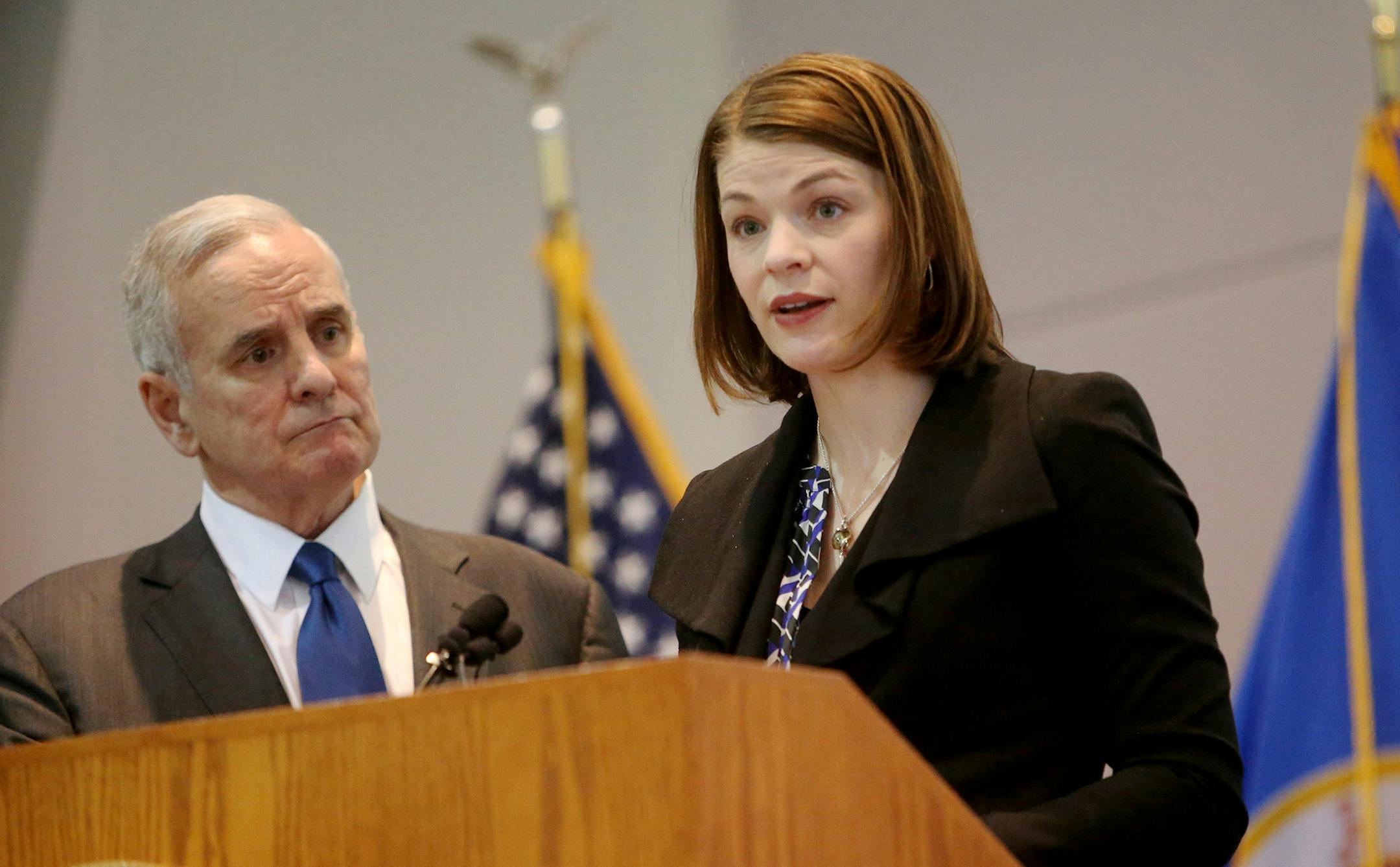FILE -- Gov. Mark Dayton and Revenue Commissioner Cynthia Bauerly spoke at a news conference about the state budget on Jan. 27.