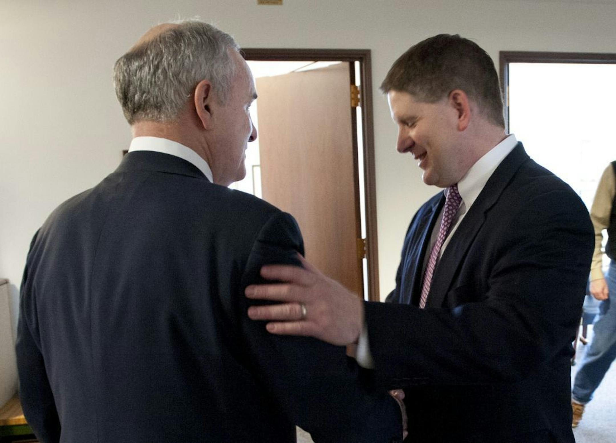 Gov. Mark Dayton started his day visiting the offices of legislative leaders, including House Speaker Kurt Zellers, at the Capitol to try to get support for the stadium bill.