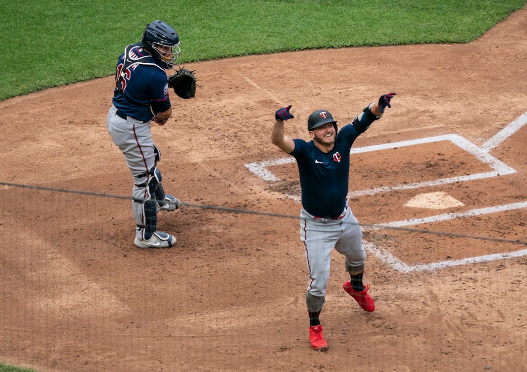 Twins third baseman Josh Donaldson celebrated after hitting a home run in a scrimmage at Target Field