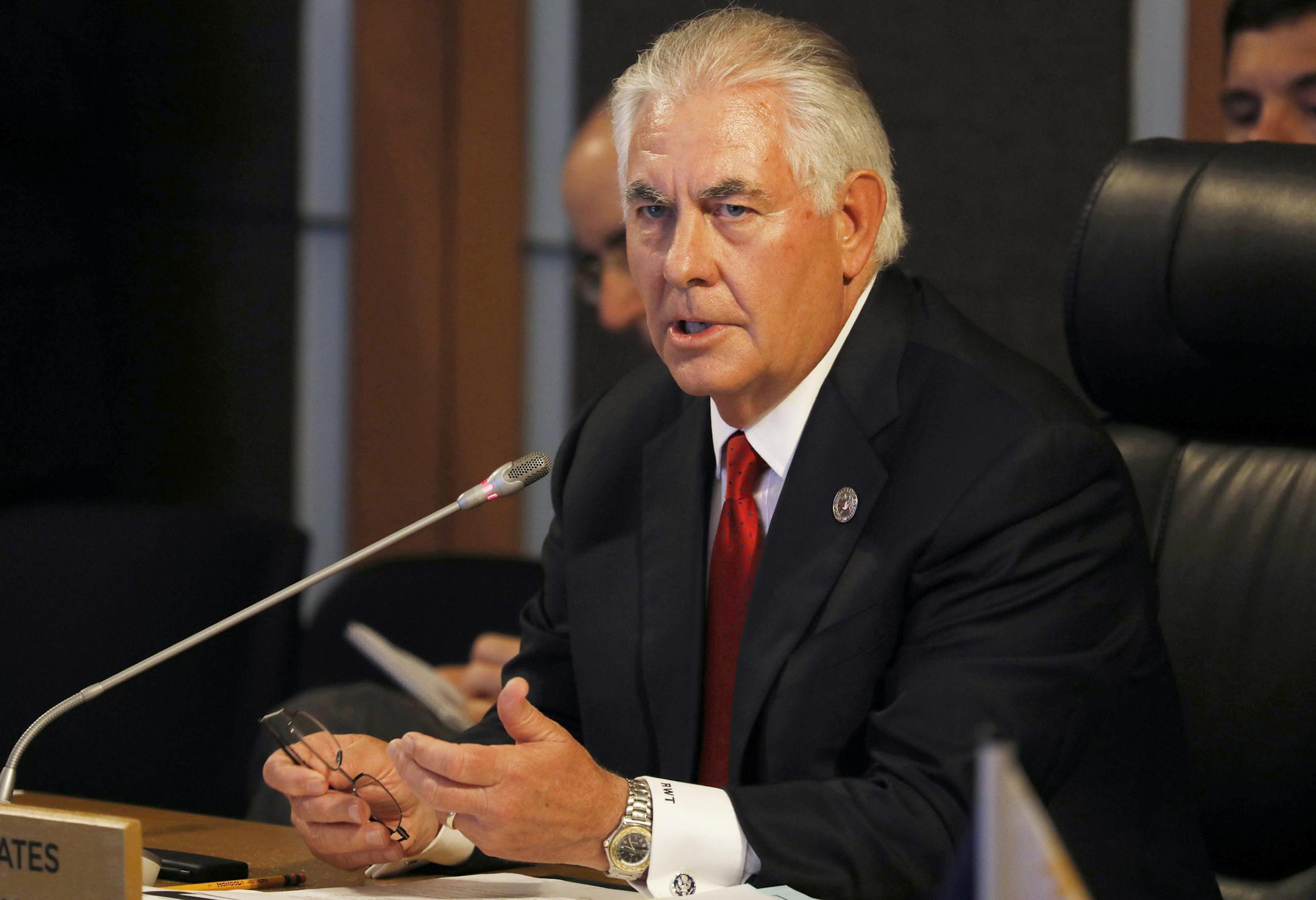 U.S. State Secretary Rex Tillerson gives an opening statement during the ASEAN-U.S. Ministerial meeting of the 50th Association of Southeast Asia Nations Regional Forum in suburban Pasay city southeast of Manila, Philippines Sunday, Aug. 6, 2017. (Erik De Castro/Pool Photo via AP)