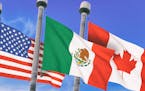 Canada, Mexico and US Flags over blue sky, conceptual image for Nafta agreement (3D rendered image)