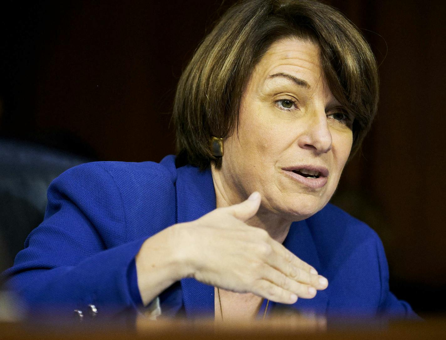 Sen. Amy Klobuchar (D-Minn.) questions Judge Brett Kavanaugh, President Donald Trump&#x2019;s nominee for the U.S. Supreme Court, testifies during his confirmation hearing before the Senate Judiciary Committee on Capitol Hill in Washington, Sept. 5, 2018. (T.J. Kirkpatrick/The New York Times)