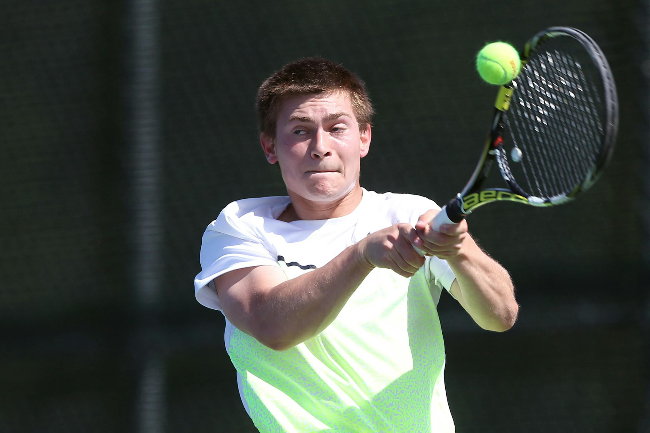 Hunter Krebsbach of Mounds View returned a serve during Class 2A boy's tennis section 5 championship at Park Center High school Tuesday May 19, 2015 in Brooklyn Park, MN. ] Jerry Holt/ Jerry.Holt@Startribune.com