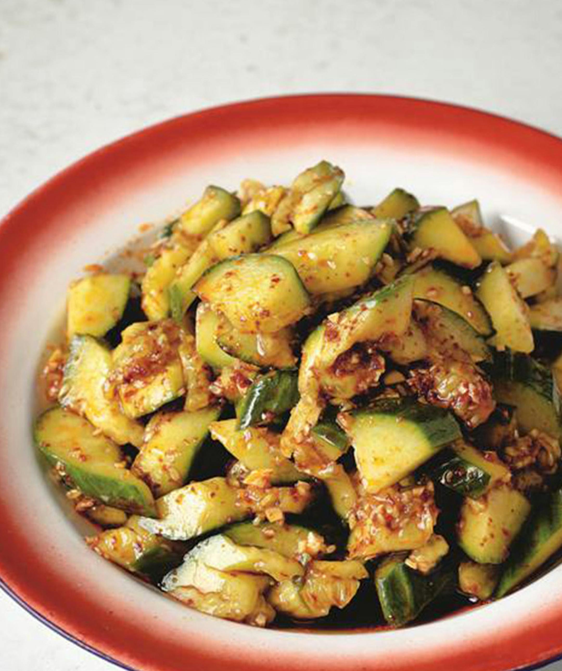 Smacked cucumber in garlicy sauce, from Every Grain of Rice by Fuschia Dunlap