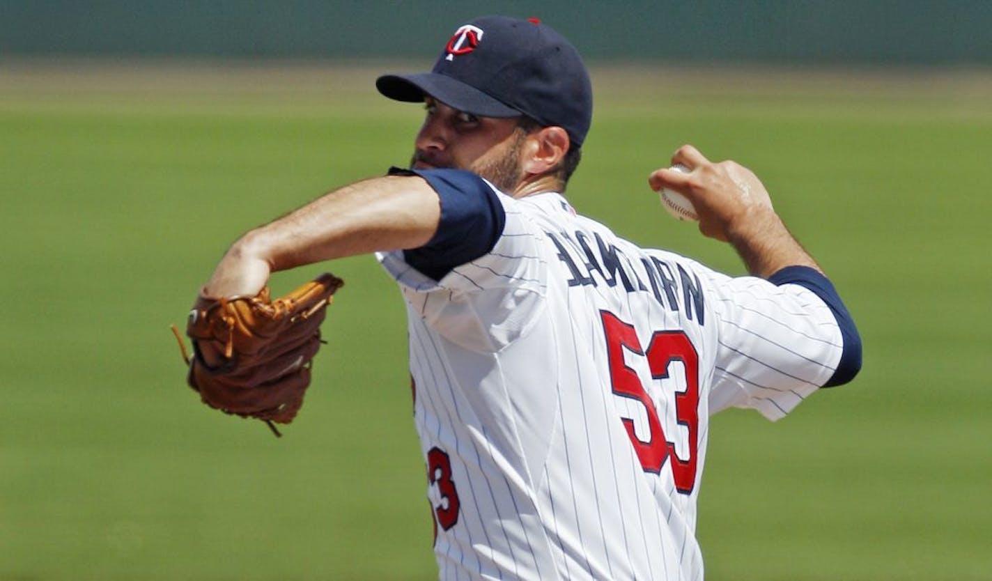 Minnesota Twins starter Nick Blackburn delivers to the Baltimore Orioles during the first inning of a spring training baseball game in Fort Myers, Fla., Friday, March 16, 2012. Blackburn allowed one hit, no runs in his four inning outing.