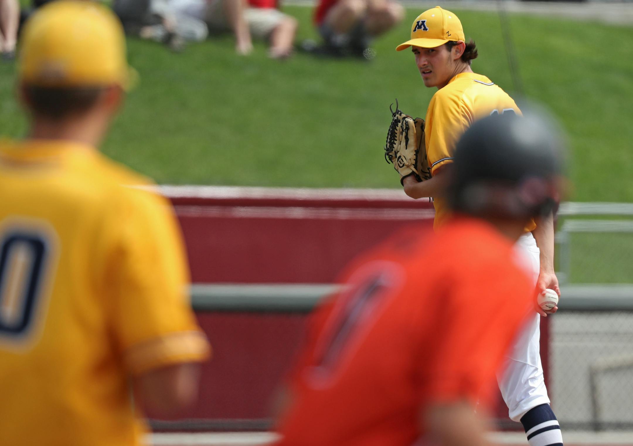 Mahtomedi's Leo Bustos checked a runner on first base in the Zephyrs 3-2 win over Grand Rapids. ] Shari L. Gross ï shari.gross@startribune.com Mahtomdi defeated Grand Rapids 3-2 in a Minnesota Class 3A state baseball quarterfinal game at Siebert Field at the University of Minnesota on Thursday, June 14, 2018. 10 a.m. Mahtomedi vs. Grand Rapids
12:30 Alexandria vs. Willmar