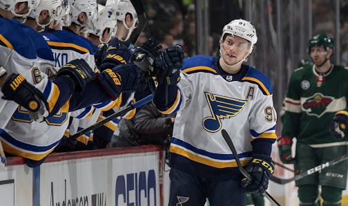 Vladimir Tarasenko (91) celebrated with teammates after scoring a goal in the first period.