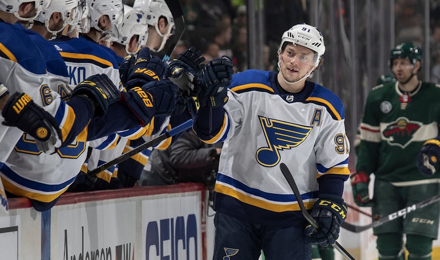 Vladimir Tarasenko (91) celebrated with teammates after scoring a goal in the first period.