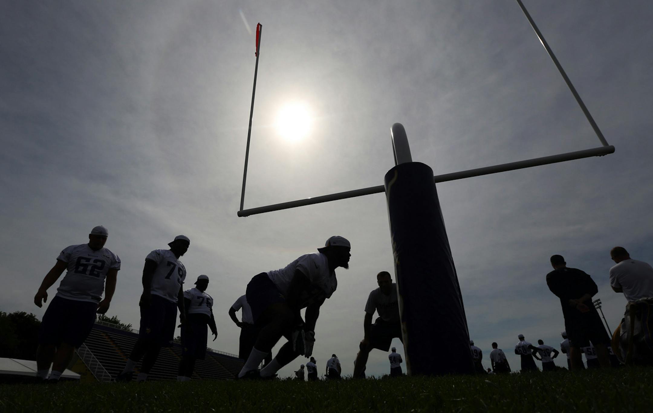 Vikings Sharrif Floyd worked on defensive drills during Vikings practice at Minnesota State University Mankato Saturday Aug 3 ,2013.] JERRY HOLT ‚Äö√Ñ¬¢ jerry.holt@startribune.com ORG XMIT: MIN1308031414066211