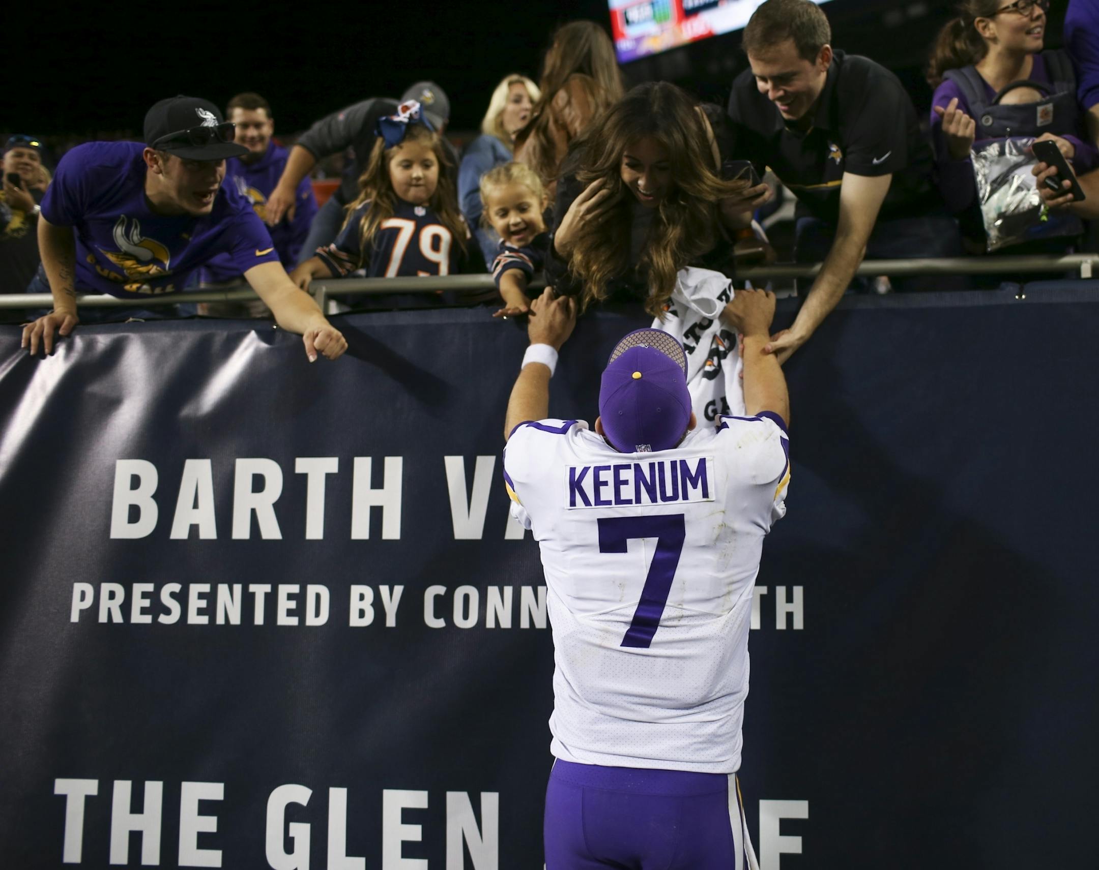 Minnesota Vikings quarterback Case Keenum ran first to family in the stands before heading off the field after stepping in to lead the Vikings to a 20-17 win over Chicago.