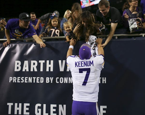 Minnesota Vikings quarterback Case Keenum ran first to family in the stands before heading off the field after stepping in to lead the Vikings to a 20