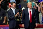 Former President Donald Trump, right, and Sen. JD Vance, R-Ohio, attend a campaign event, Saturday, July 20, 2024, at Van Andel Arena in Grand Rapids,