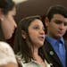 Jillian Soto, center, with siblings Carlee Soto, left and Carlos Soto, the siblings of Victoria Soto, speaks during a news conference on Capitol Hill 