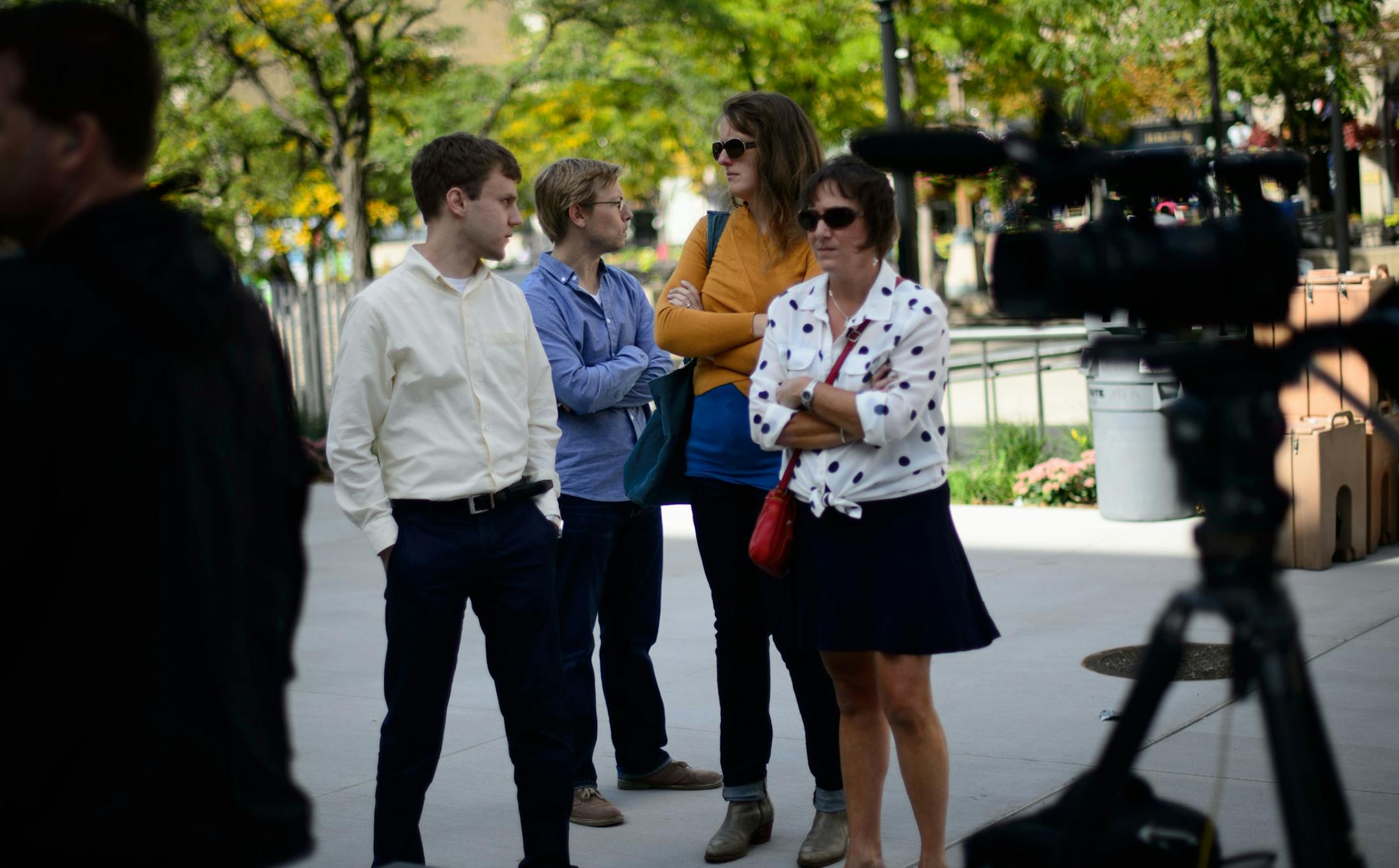 Members of Minnesota Orchestra management and staff listened as Minnesota Orchestra musician spokesperson Blois Olson gave an update on the status of negotiations with orchestra management. Monday, Sept. 30, 2013 ] GLEN STUBBE * gstubbe@startribune.com