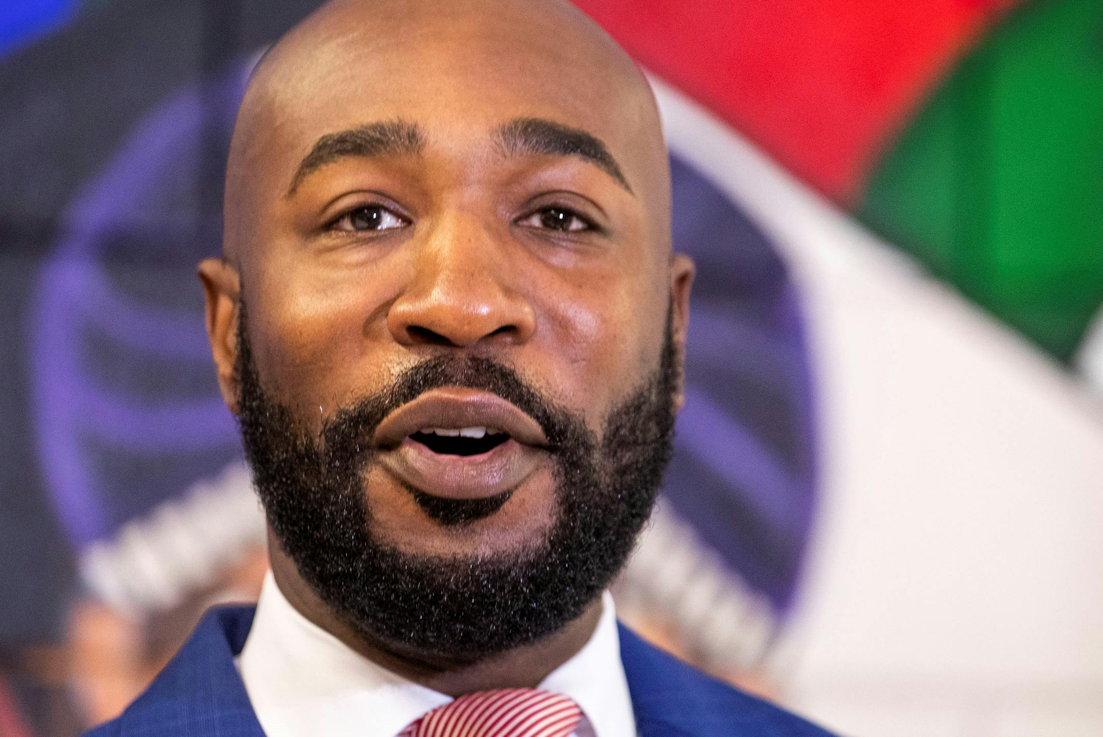 Cedrick Baker, St. Paul Public Schools Chief of Staff, speaks to media during a press conference at Harding High School on Thursday, July 29, 2021, in St. Paul. ] ANTRANIK TAVITIAN • anto.tavitian@startribune.com