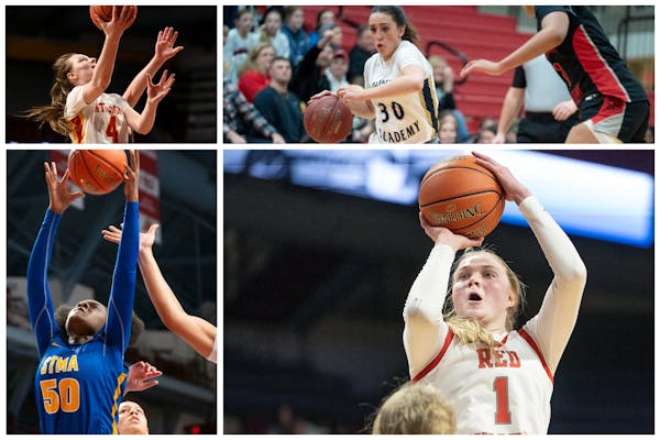 Clockwise from top left: Jordan Zubich of Mountain Iron-Buhl, Maddyn Greenway of Providence Academy, Olivia Olson of  Benilde-St. Margaret's and Ja'Ka