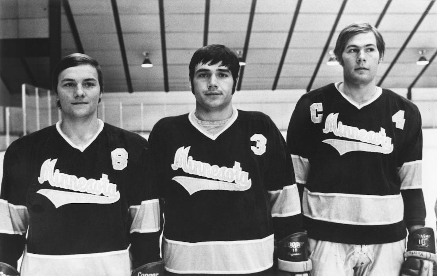 University of Minnesota hockey players (l-r) Doug Peltier, Bill Butters and Dixon Shelstad, Oct. 1971.