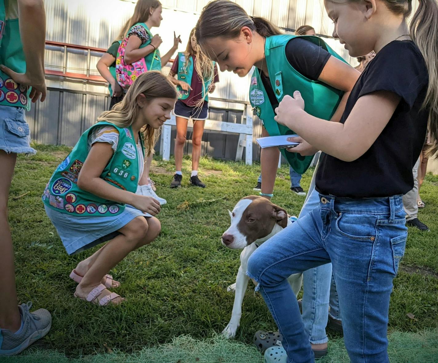 Ella Guggenberger, left, and Ada Phillips pet shelter dog Penelope before a shot ceremony celebrating the opening of a new dog play area at Tri-County Humane Society in St. Cloud on Tuesday, Aug. 30. The Sauk Rapids-based troop raised money and built the new space to earn the Girl Scouts Bronze Award.