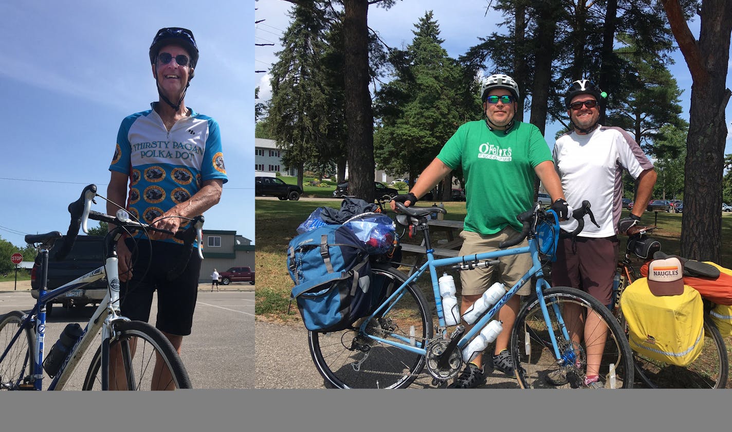 David Lundquist in Laporte, Minn.; Steven VanderKolb and James Oerding, beginning their charitable ride to St. Louis.