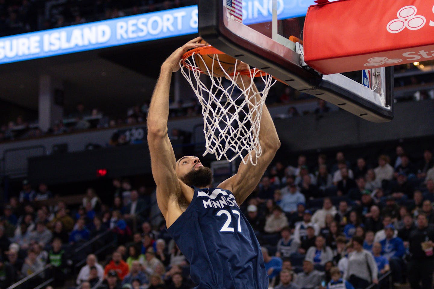 Minnesota Timberwolves center Rudy Gobert dunks during the second half of an NBA basketball game against the Los Angeles Clippers, Sunday, Jan. 14, 2024, in Minneapolis. (AP Photo/Bailey Hillesheim)