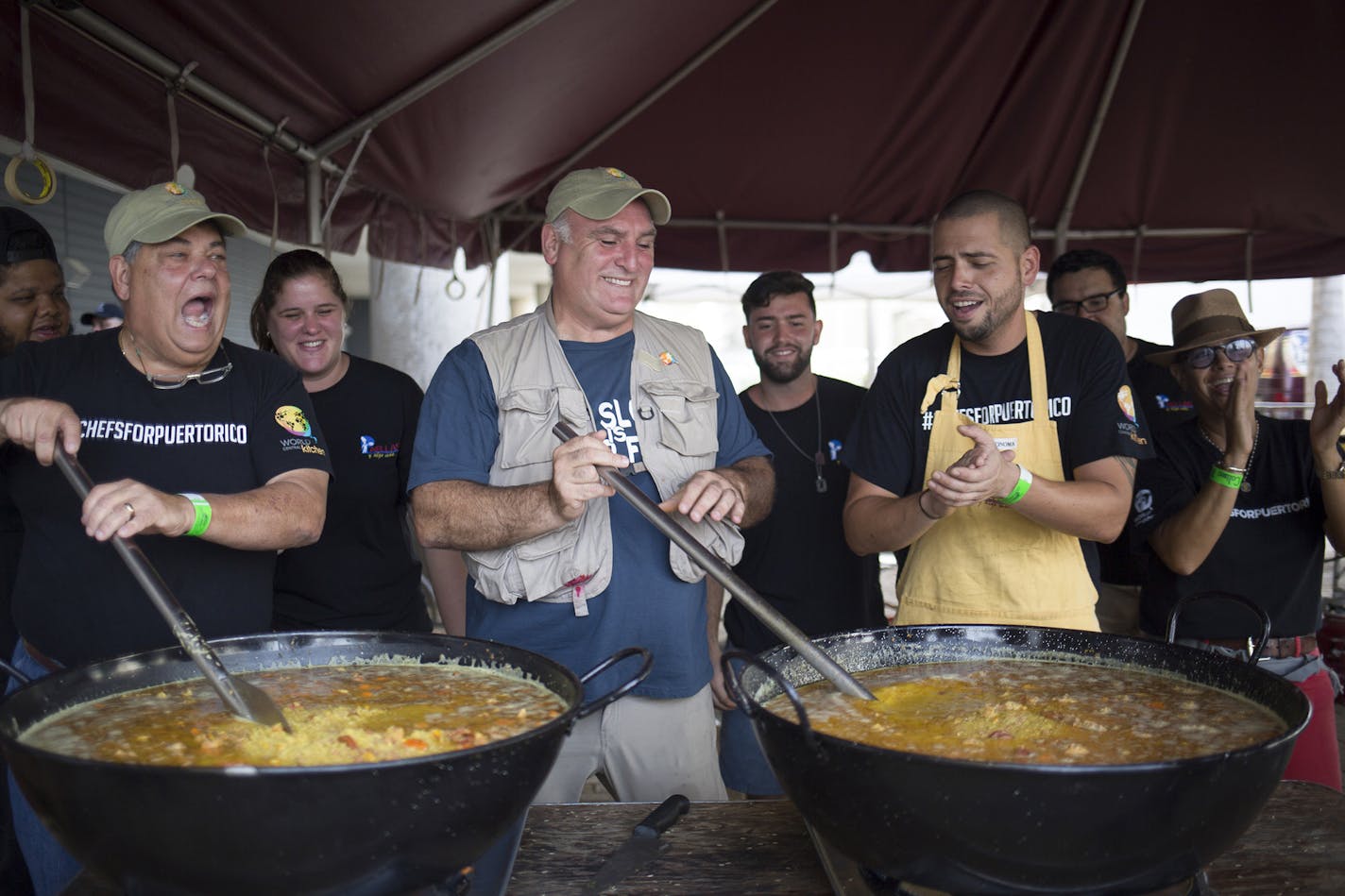 José Andrés stirred a giant paella pan in San Juan, Puerto Rico, during a food relief effort following Hurricane Maria in 2017. He created a new model for providing direct relief through cooking.