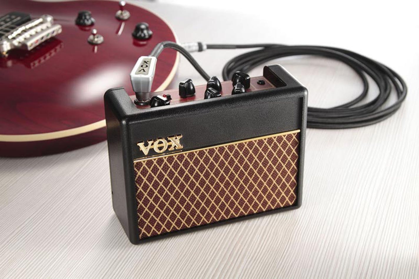 The AC1 RhythmVOX Mini Guitar Amplifier hooks up to headphones for guitar practice without disturbing others. (MCT)