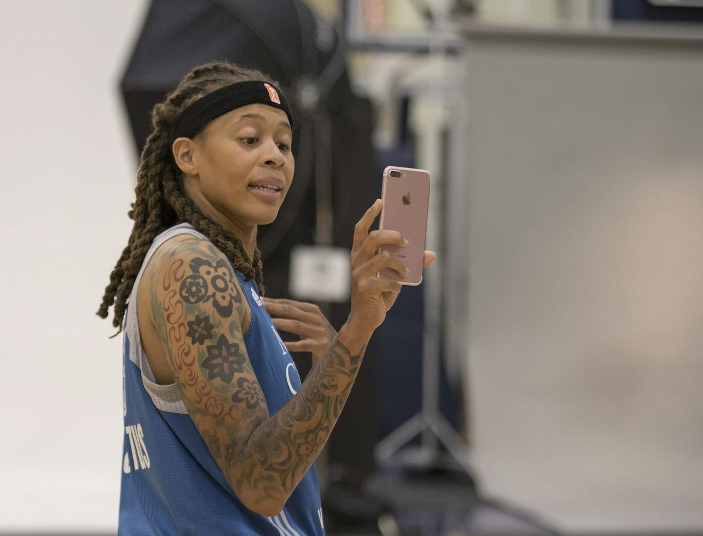 Seimone Augustus took video's during Minnesota Lynx media day at Mayo Clinic Square Monday May 1, 2017 in Minneapolis, MN.] JERRY HOLT &#xef; jerry.holt@startribune.com