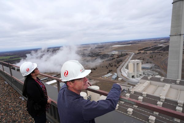 Plant director Michelle Neal and Unit 3 operations foreman Eric Stotko look out over the Sherburne County Generating Station. The first unit of the la