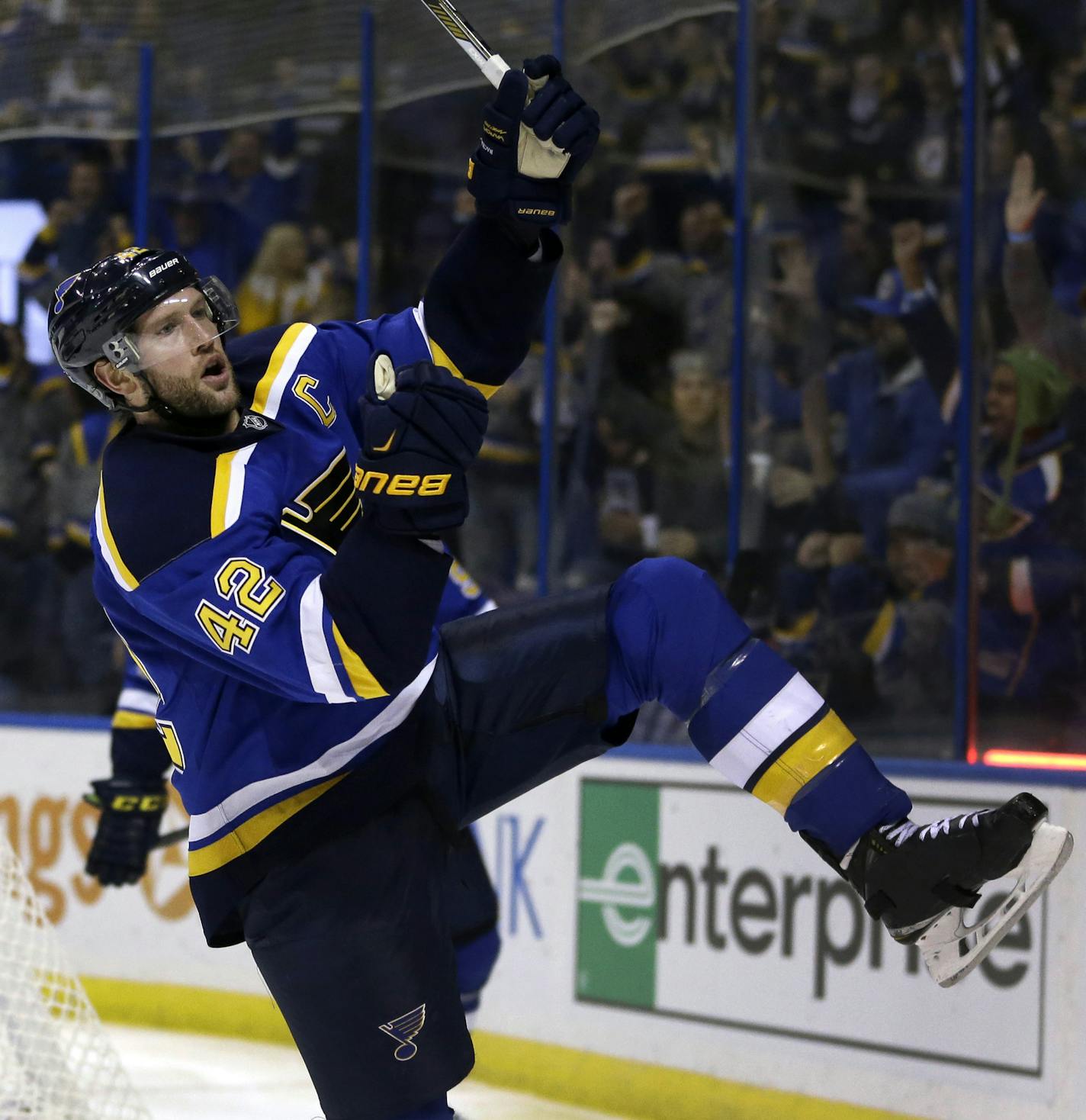 St. Louis Blues' David Backes celebrates after scoring during the second period of an NHL hockey game against the Winnipeg Jets Monday, Nov. 16, 2015, in St. Louis. (AP Photo/Jeff Roberson) ORG XMIT: MOJR206