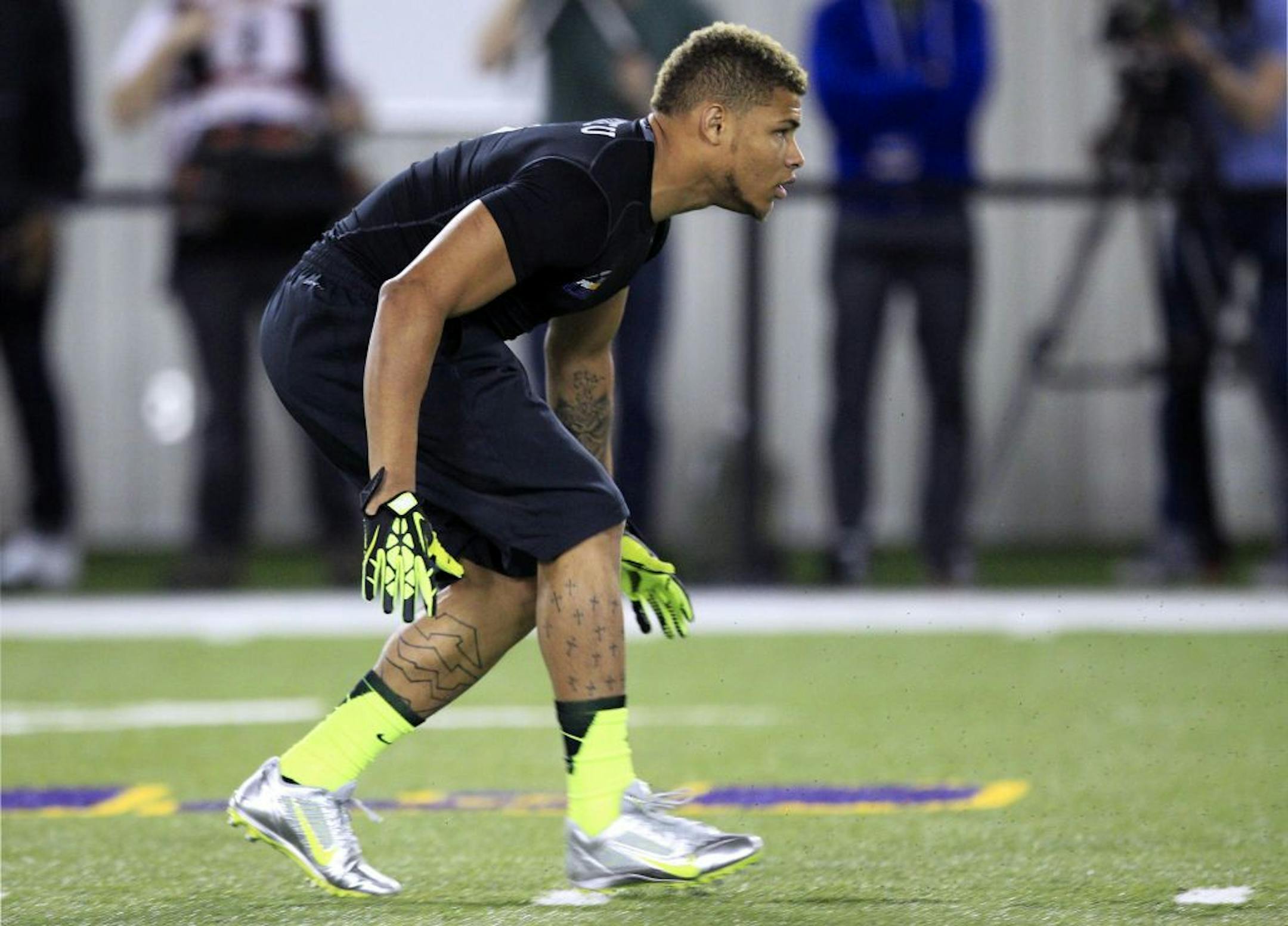Cornerback Tyrann Mathieu works out during LSU's NFL football pro day