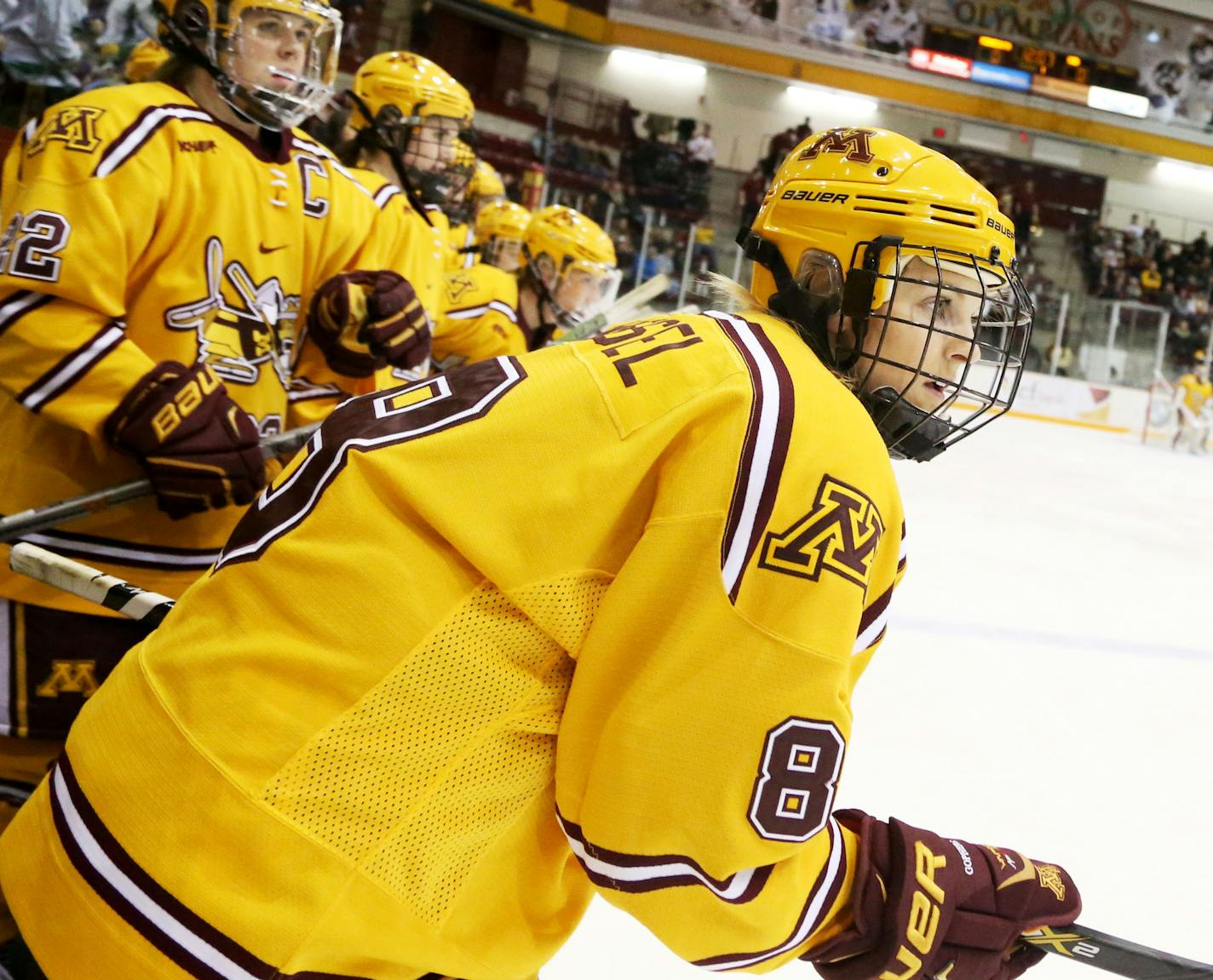 In her first game back, Amanda Kessel takes to the ice with her University of Minnesota teammates during action with North Dakota Friday, Feb. 5, 2016, at Ridder Arena on the campus of the University of Minnesota in Minneapolis, MN.](DAVID JOLES/STARTRIBUNE)djoles@startribune.com Amanda Kessel, former Olympian and two-time All-America, made her comeback to college hockey with the the University of Minnesota against the University of North Dakota after missing the last two seasons with the Gopher