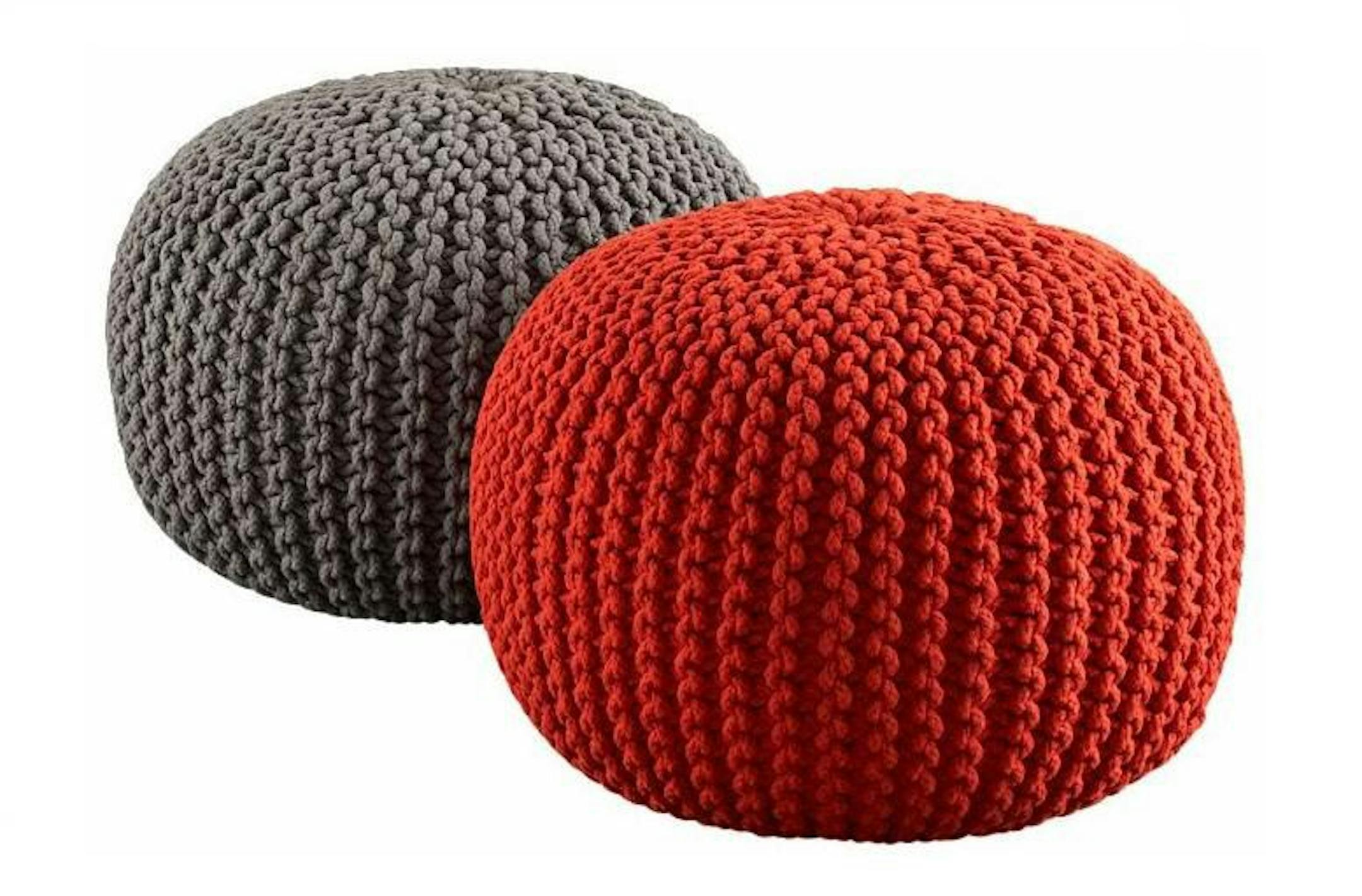 CB2 Knitted Poufs are stout and sturdy mini-beanbags stuffed densely with pellets. They do double duty as seating and side tables. Available in four colors, $89.95 each at cb2.com.