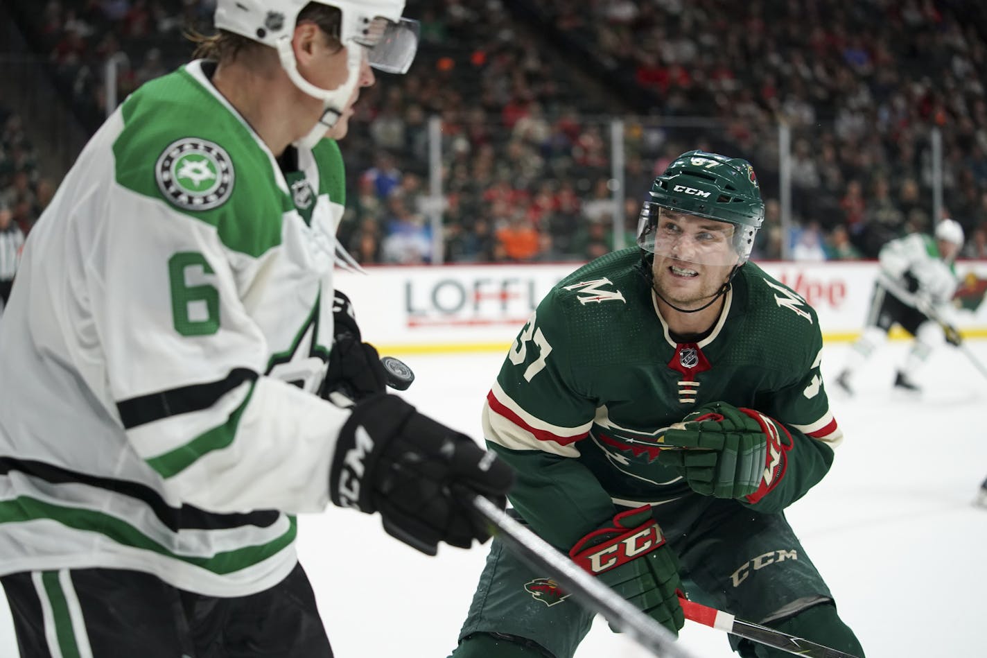 Wild center Kyle Rau (37), who saw action in a preseason game against Dallas in September, was called up from Iowa and practiced Monday.