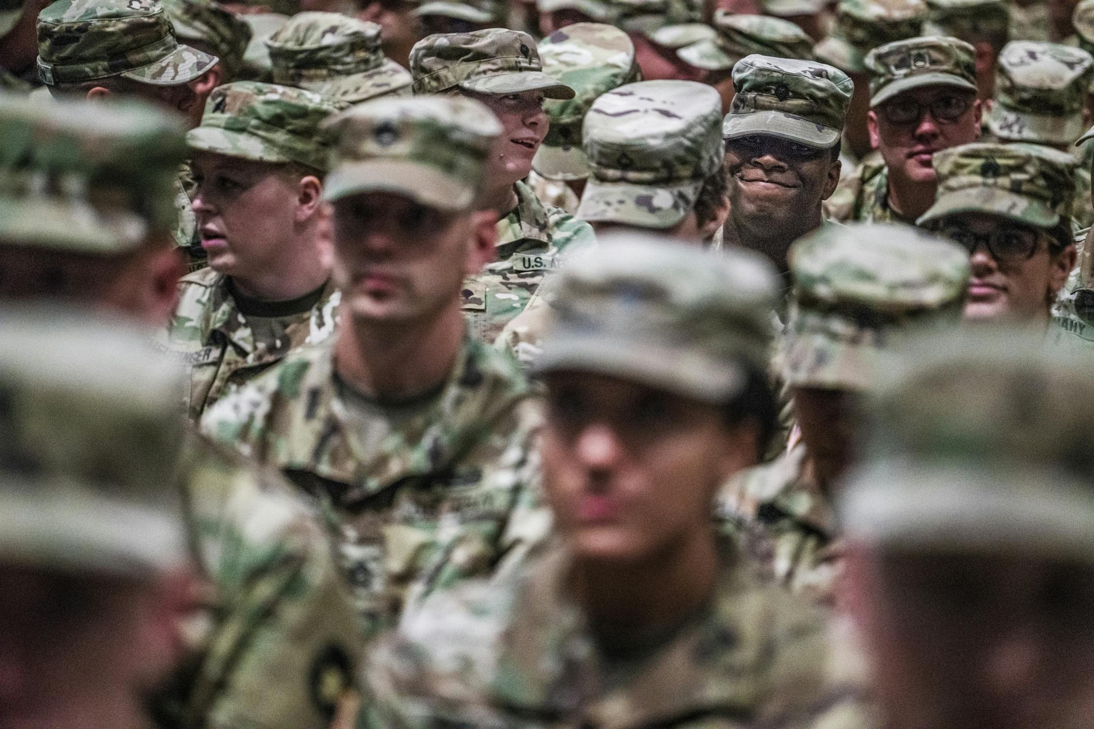 About 650 soldiers in the 34th Red Bull Infantry Dvision, based in Rosemount, attended a departure ceremony for a nine-month deployment in Kuwait.