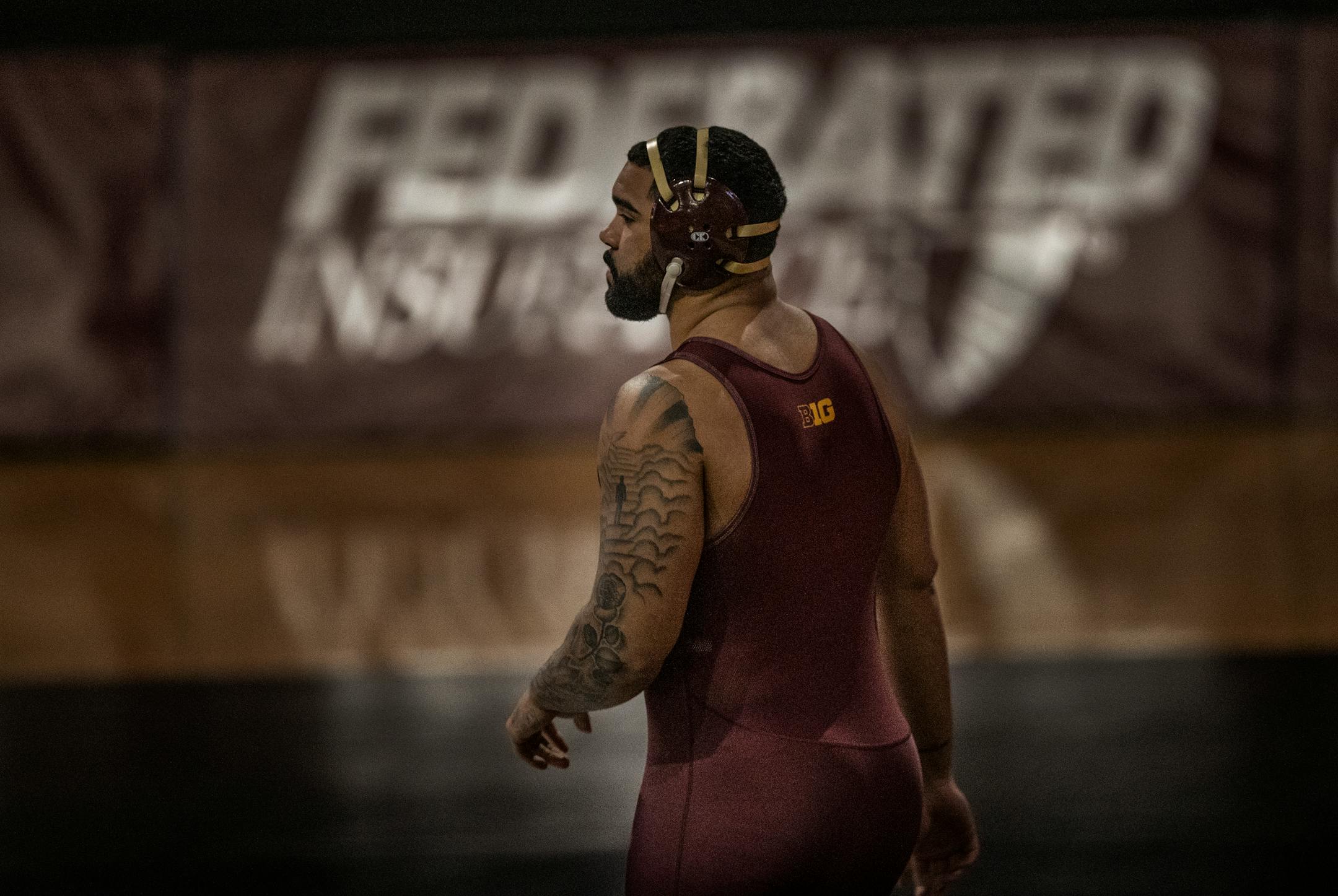 Minnesota Gable Steveson walked on the mat to wrestle Jack Heyob of Northwestern in the heavyweight division .] Jerry Holt •Jerry.Holt@startribune.com