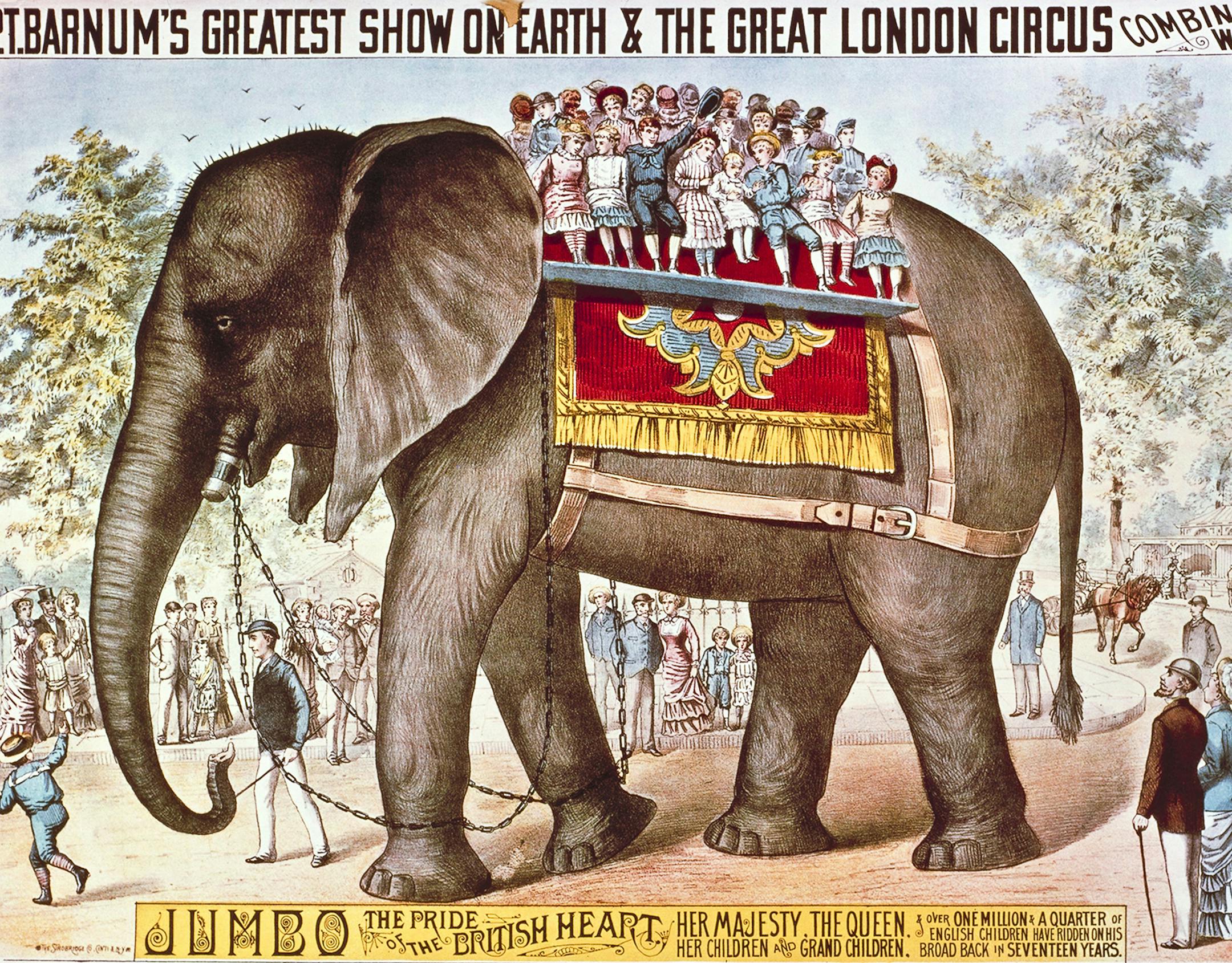 This undated poster provided by Feld Entertainment Inc., shows a poster depicting Jumbo the elephant, as part of the early days of the Ringling Bros. and Barnum & Bailey Circus. The circus said it will phase out its iconic elephant acts by 2018. (AP Photo/Feld Entertainment Inc.) ORG XMIT: MIN2015031314011320