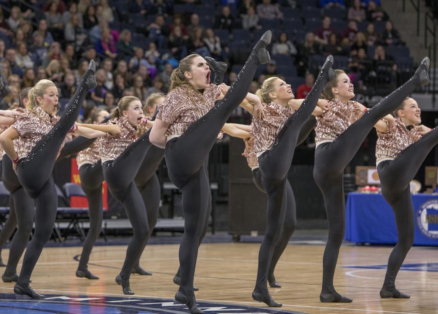 The Sartell Dance Team at the 2018 MSHSL High Kick Tournament. [ Special to Star Tribune, photo by Matt Blewett, Matte B Photography, matt@mattebphoto.com, 2018 Minnesota State High School League Dance Team Tournament, February 17, 2018, Target Center, Minneapolis, Minnesota, SAXO 1005485316 PREP021818