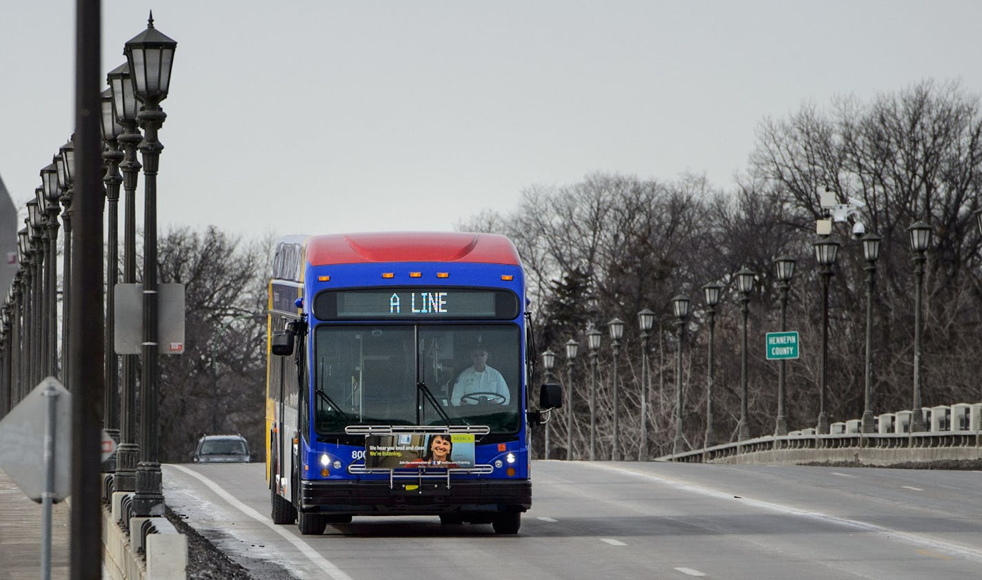 The A Line, the area's first rapid bus, runs from Rosedale to the Blue Line 46th St. station, mostly along Snelling Av. in St. Paul. The C Line will feature larger electric-powered buses.