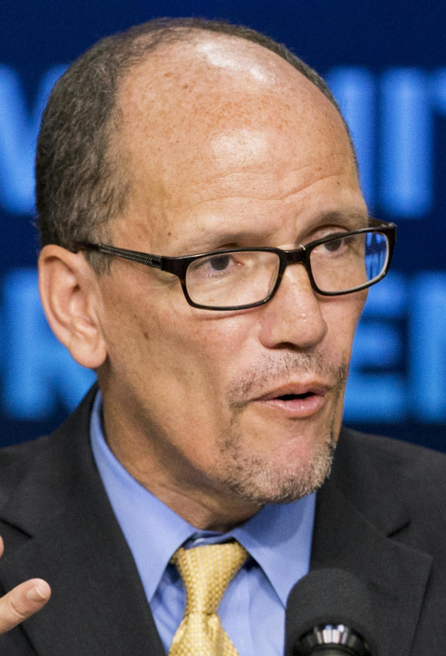 FILE - In this Sept. 29, 2014 file photo, then-Labor Secretary Tom Perez speaks in the South Court Auditorium in the White House compound in Washington. South Carolina Democratic Party chair Jaime Harrison is exiting the race for Democratic National Committee chairman and throwing his support to Perez, solidifying the former Labor Secretary&#xed;s place as the front-runner in the still-volatile contest. (AP Photo/Manuel Balce Ceneta, File)