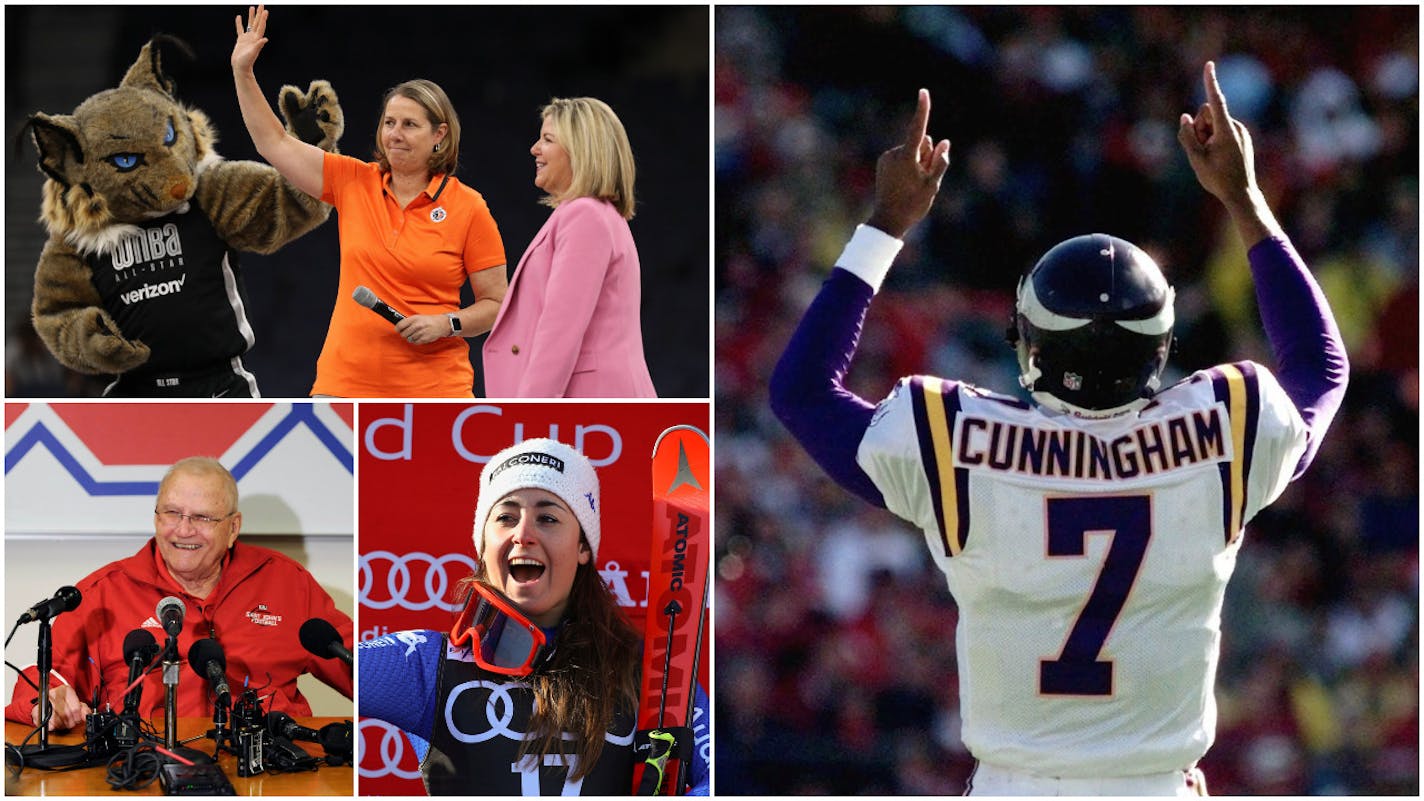 Previous Sportsperson of the Year winners include (clockwise from top left): Lynx coach and general manager Cheryl Reeve (2017), Vikings quarterback Randall Cunningham (1998), skier Lindsay Vonn (2008) and St. John's football coach John Gagliardi (2003).