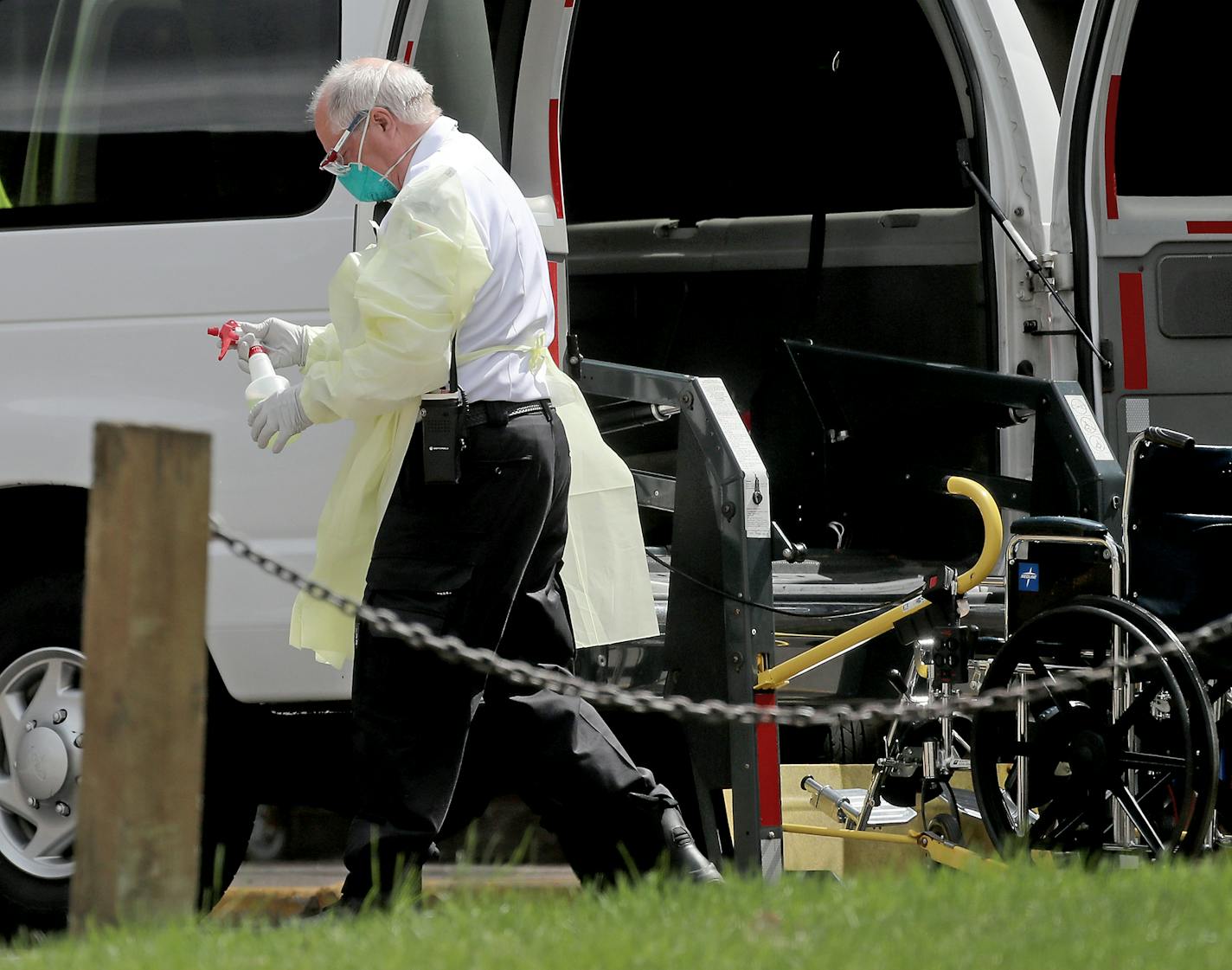 A North Memorial transport worker held a bottle of disinfectant outside North Ridge Health and Rehabilitation where at least 30 residents have died and more than 60 have become infected and seen Wednesday, May 6, 2020, in New Hope, MN.] DAVID JOLES &#x2022; david.joles@startribune.com A nursing home with one of the largest and deadliest outbreaks of the coronavirus in Minnesota has been cited dozens of times over the past year by federal regulators for health and safety violations. At least 30 r