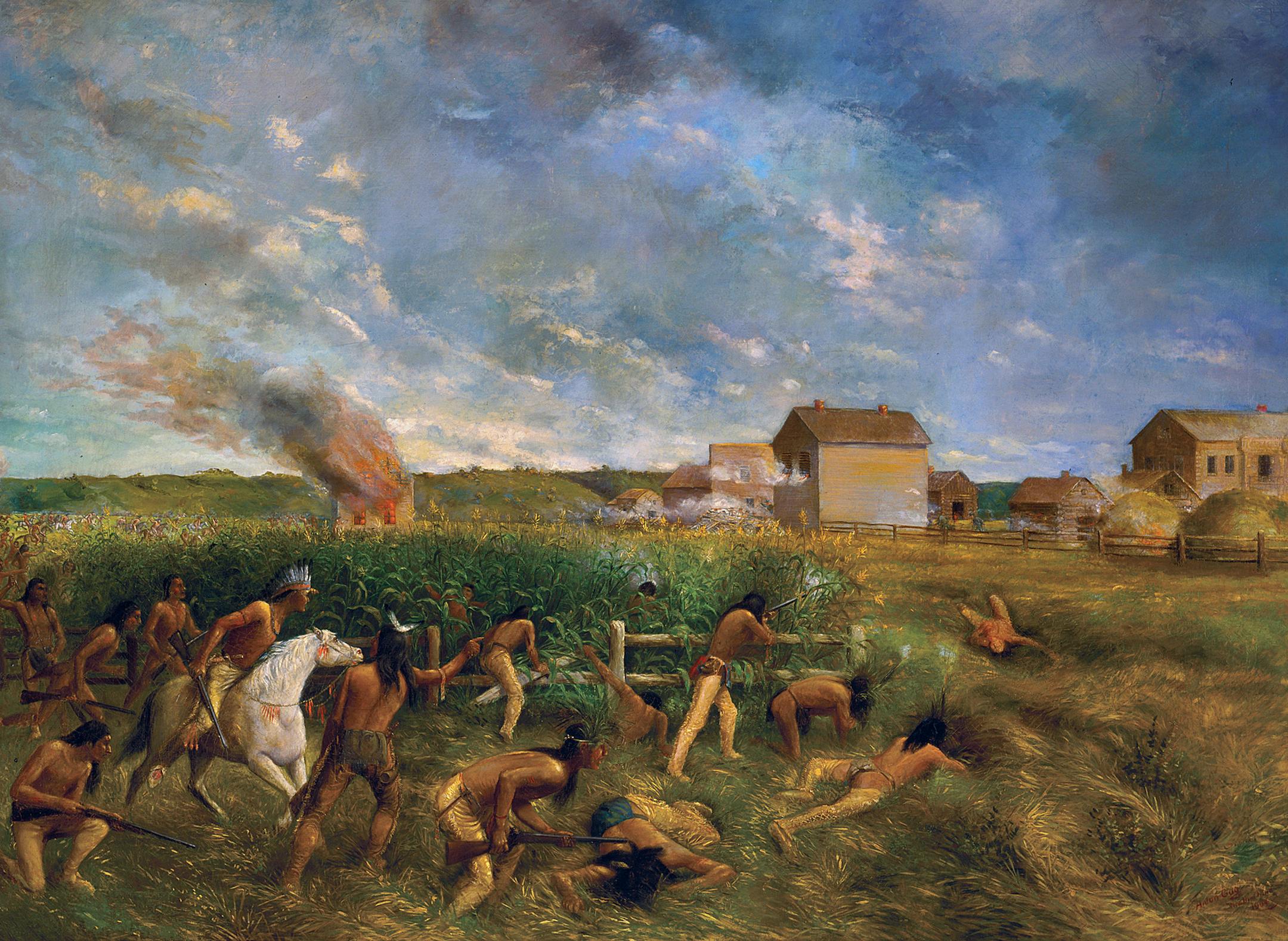 Art Collection Location No. AV1990.32.2 Negative No. 59027 Title: Attack on New Ulm during the Sioux Outbreak August 19th - 23rd 1862 Painter: Anton Gag (1859-1908) Date: 1904 Medium: Oil on Canvas Notes: Title from plaque on frame Subject: Dakota Conflict of 1862 Subject: Indians. Dakota. Santee. Warfare. ORG XMIT: MIN2015120116422949 ORG XMIT: MIN1512011649250124