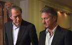 This Jan. 14, 2016 image released by CBS News/60 Minutes shows Charlie Rose, left, with actor Sean Penn during an interview in Santa Monica, Calif., a
