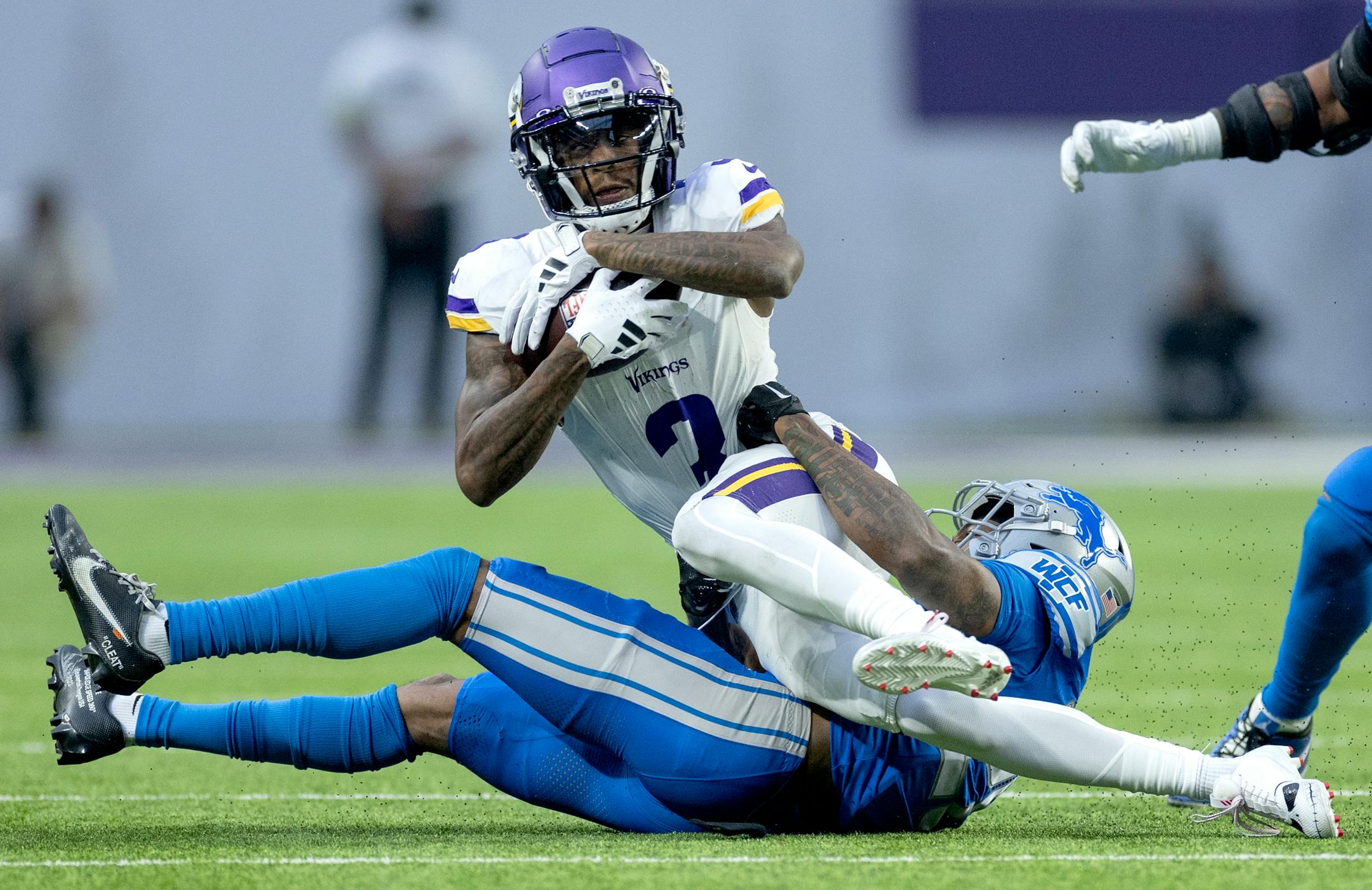 Minnesota Vikings receiver Jordan Addison (3) Sunday, December 24, 2023, at U.S. Bank Stadium in Minneapolis, Minn. ] CARLOS GONZALEZ • carlos.gonzalez@startribune.com
