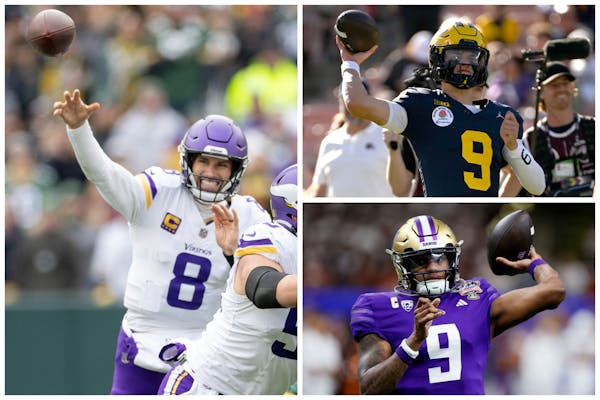 The Vikings can choose from among quarterback strategies that involve, clockwise from left, Kirk Cousins, J.J. McCarthy or Michael Penix Jr., or some 