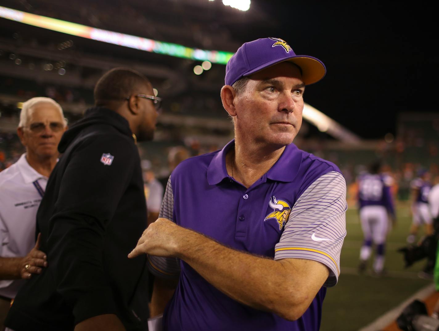 Minnesota Vikings head coach Mike Zimmer headed for the locker room after the win Friday night in Cincinnati.